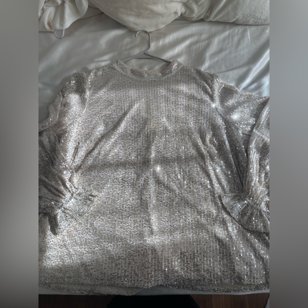 Lane Bryant Shimmering Silver Long Sleeve Sequin Blouse
